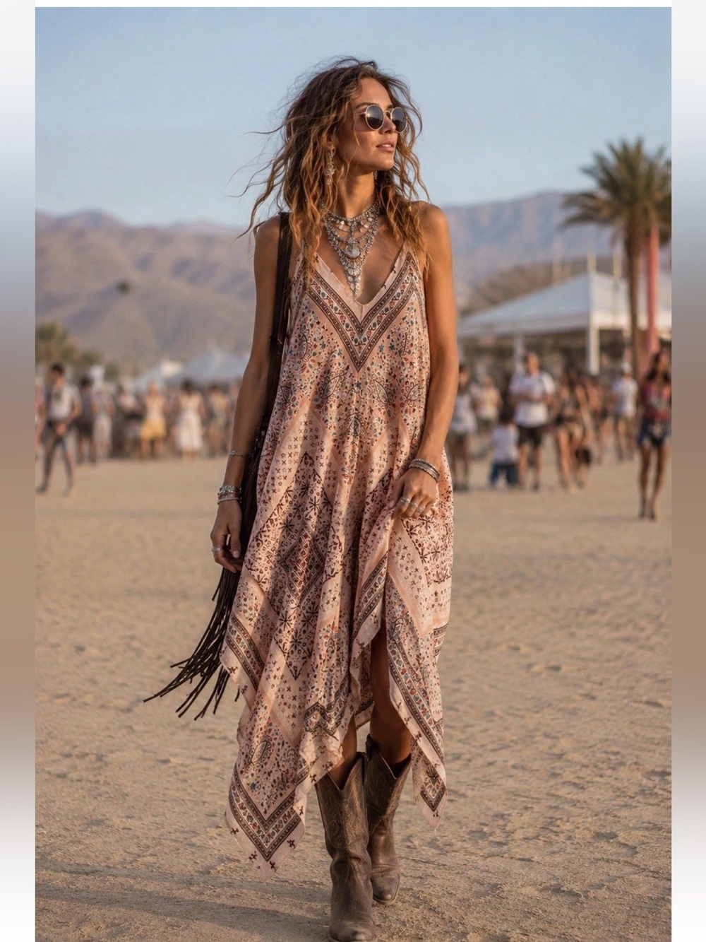 American Rag Cie Boho Paisley Hanky Hem Slip Dress Pink M Western Desert Indie